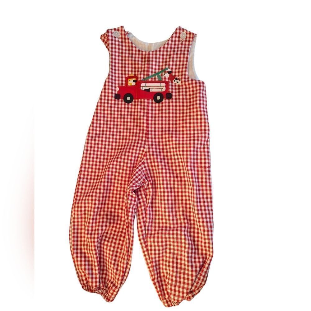 Vintage Kelly's kids red and white checkered‎ embroidered firefighter overalls